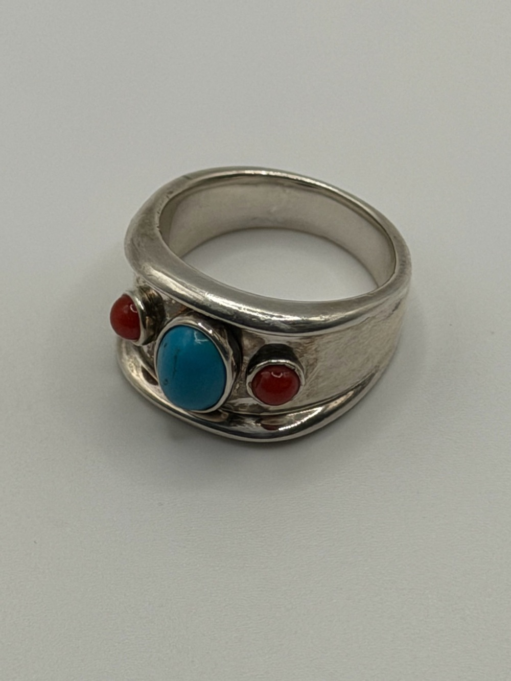 925 Silver Turquoise and Coral Accent Band Ring - Blue and Red
